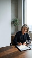 Mature woman with gray hair, Caucasian ethnicity, wearing dark blazer, signing documents at wooden desk in modern office with concrete wall and potted plant by window.