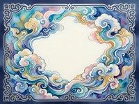 Ornate decorative frame with swirling clouds and celestial motifs in watercolor style. Traditional Asian-inspired border design for invitations and artwork.