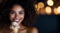 Young African American woman enjoying chocolate ice cream cone with warm bokeh lights creating cozy evening atmosphere for lifestyle and food photography.