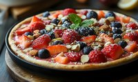 Fresh berry pizza with strawberries, blueberries, mint leaves and nuts on crispy crust, topped with powdered sugar, served on wooden board for dessert menu.