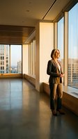 Professional businesswoman in suit standing by floor-to-ceiling windows in modern office building with city skyline view during golden hour lighting.