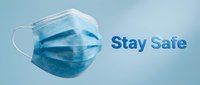 Blue disposable medical face mask with Stay Safe text on light blue background, promoting health protection and virus prevention awareness.
