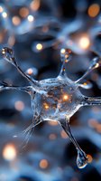 Microscopic view of neuron cell with synaptic connections glowing against dark background, illustrating neural network activity and brain function in medical science.