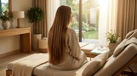 Young woman with long brown hair sitting on bed in bright morning sunlight streaming through window in cozy bedroom interior with plants and natural decor.
