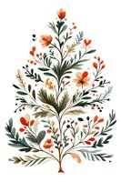 Delicate floral arrangement in tree shape with orange blooms and olive green leaves on white background, watercolor style botanical composition for stationery design.