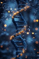 Glowing DNA helix structure with golden light particles against dark blue background, molecular biology concept for genetics and scientific research.