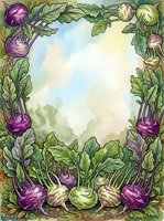 Kohlrabi and turnip frame border with watercolor sky background, isolated on white for culinary design, recipe cards, and vegetable packaging templates.