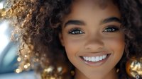 Young African American woman with natural curly hair and bright white smile against blurred bokeh background, radiating joy and confidence. Perfect for wellness and beauty campaigns.