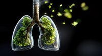 Glass lungs filled with green plants and floating leaves against black background, representing environmental health and fresh air concept for medical or ecological design.