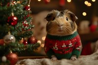 Adorable guinea pig wearing festive red and green Christmas sweater sitting beside decorated tree with warm bokeh lights creating cozy holiday atmosphere.