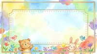 Watercolor kids frame with cute bear and bunny, colorful flowers and birds, pastel rainbow background, blank space for text or photo.