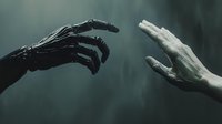 Robotic black hand reaching toward human pale hand against dark atmospheric background, symbolizing connection between technology and humanity.