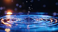 Water drop falling into blue liquid creating concentric ripple circles with orange and golden light reflections against dark background with bokeh effect.