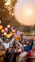 Group of diverse Indian people celebrating outdoors with colorful balloons and string lights during golden hour sunset creating joyful festive atmosphere.