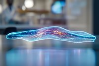 Glowing holographic arm with visible nerve pathways and anatomical structure floating in space against blurred medical background, futuristic healthcare concept.