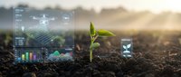 Young green plant seedling emerging from rich dark soil with futuristic digital interface displaying agricultural data analytics and drone technology overlay.