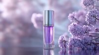 Elegant perfume bottle with purple liquid against blurred pink cherry blossom background, luxury cosmetic product photography for beauty advertising.