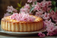 Homemade almond frangipane tart decorated with fresh pink cherry blossoms on vintage plate, rustic wooden background with spring flowers.