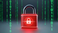 Red digital padlock with glowing security icon against matrix code background representing cybersecurity, data protection and network safety concepts.