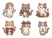 Cute cartoon cats with various themes including angel, autumn leaves, and decorative accessories isolated on white background, ready for clipart, t-shirt designs and children's illustrations.