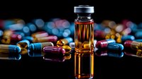 Medical vials and capsules on dark background with colorful bokeh lights, pharmaceutical research concept showing amber liquid medicine in glass container.