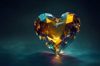 Glowing amber and turquoise crystal heart floating against dark background with mystical light reflection creates romantic magical atmosphere for valentines designs.