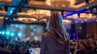 Woman in business suit facing audience at corporate conference with elegant chandeliers and blue stage lighting in luxury venue.
