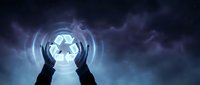 Silhouetted hands holding glowing recycling symbol against stormy sky, representing environmental sustainability, green energy, and eco-friendly business solutions.