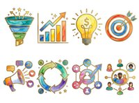 Watercolor business and marketing icons set with funnel, growth chart, lightbulb idea, target goal, megaphone, circular arrows, network and team collaboration symbols for corporate design projects.