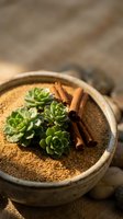 Small succulent plants and cinnamon sticks arranged in ceramic pot with sandy soil for natural home decor and gardening projects.