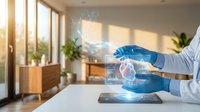 Professional in medical gloves using holographic digital interface technology displaying global network connections in modern office environment.