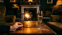 Hand holding a sparkler beside a Happy New Year golden sign and champagne glass on a wooden table in a cozy festive interior.