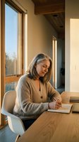 Mature woman with gray hair and light skin tone, wearing a beige cardigan, writing in a notebook at a wooden desk by a large window with natural sunlight streaming in, modern home interior.