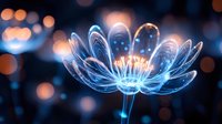 Glowing translucent lotus flower with luminous petals radiating blue light against dark bokeh background for spiritual meditation and wellness designs.