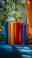 Colorful books arranged on shelf with palm leaves casting shadows, warm sunlight through orange curtain creates cozy reading atmosphere. Great for education themes.