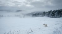 Reindeer walking across snowy landscape with coniferous forest and misty mountains in background during winter season.