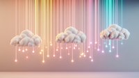 Fluffy white clouds with glowing rainbow light strings falling like rain against gradient background, creating magical atmospheric scene for dreamlike designs.