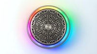 Ornamental mandala medallion with intricate geometric patterns and symmetrical design, surrounded by vibrant neon glow in rainbow spectrum colors, isolated on white background for graphic design use.