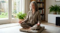 Mature woman with gray hair meditating in lotus position on cushion in bright living room with bookshelves and plants. Mindfulness wellness concept.