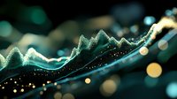 Glowing wave pattern with sparkling particles on dark background creates futuristic abstract design in emerald green and gold tones with bokeh light effects.
