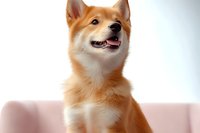 Happy Shiba Inu dog with red-orange fur and white chest sitting on pink surface against light background, showing friendly expression and characteristic breed smile.