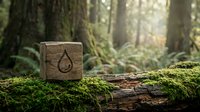 Wooden cube with engraved water drop symbol resting on mossy log in sunlit forest, representing eco sustainability and nature conservation.
