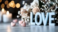 Romantic composition with blue LOVE letters, soft pink hearts, baby's breath flowers and glowing candles on blurred bokeh background. Valentines day concept.
