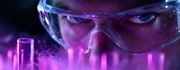Close up view of scientist wearing protective goggles in laboratory with glowing purple test tubes, creating dramatic research atmosphere in dark setting.