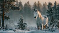 Majestic white horse standing in misty winter forest landscape with snow-covered ground and evergreen trees at dawn.