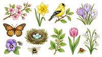 Watercolor spring botanical collection featuring blooming flowers, songbird, butterfly, bee, and bird nest with eggs for seasonal designs and nature illustrations.