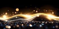 Magical golden light wave with sparkling particles and bokeh effects flowing on dark background, creating luminous abstract festive atmosphere.