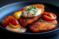 Crispy breaded chicken cutlets served on dark plate with creamy sauce, fresh herbs and colorful cherry tomatoes. Close up view of gourmet dinner presentation.