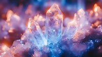 Glowing crystal quartz points with blue and orange light effects on dark background, magical mineral formation with ethereal illumination and mystical atmosphere.