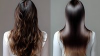 Long dark brown hair with ombre effect shown from behind on two models wearing white tops, demonstrating before and after hair treatment results for beauty salon advertising.